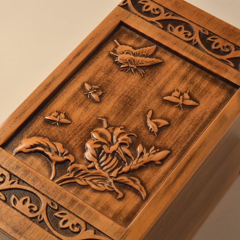 engmvwod Handmade Wooden Engraved Urn for Human Ashes Adult Male Female Satin Bag Cremation urns Box (Butterfly(250lbs)) - Image 3